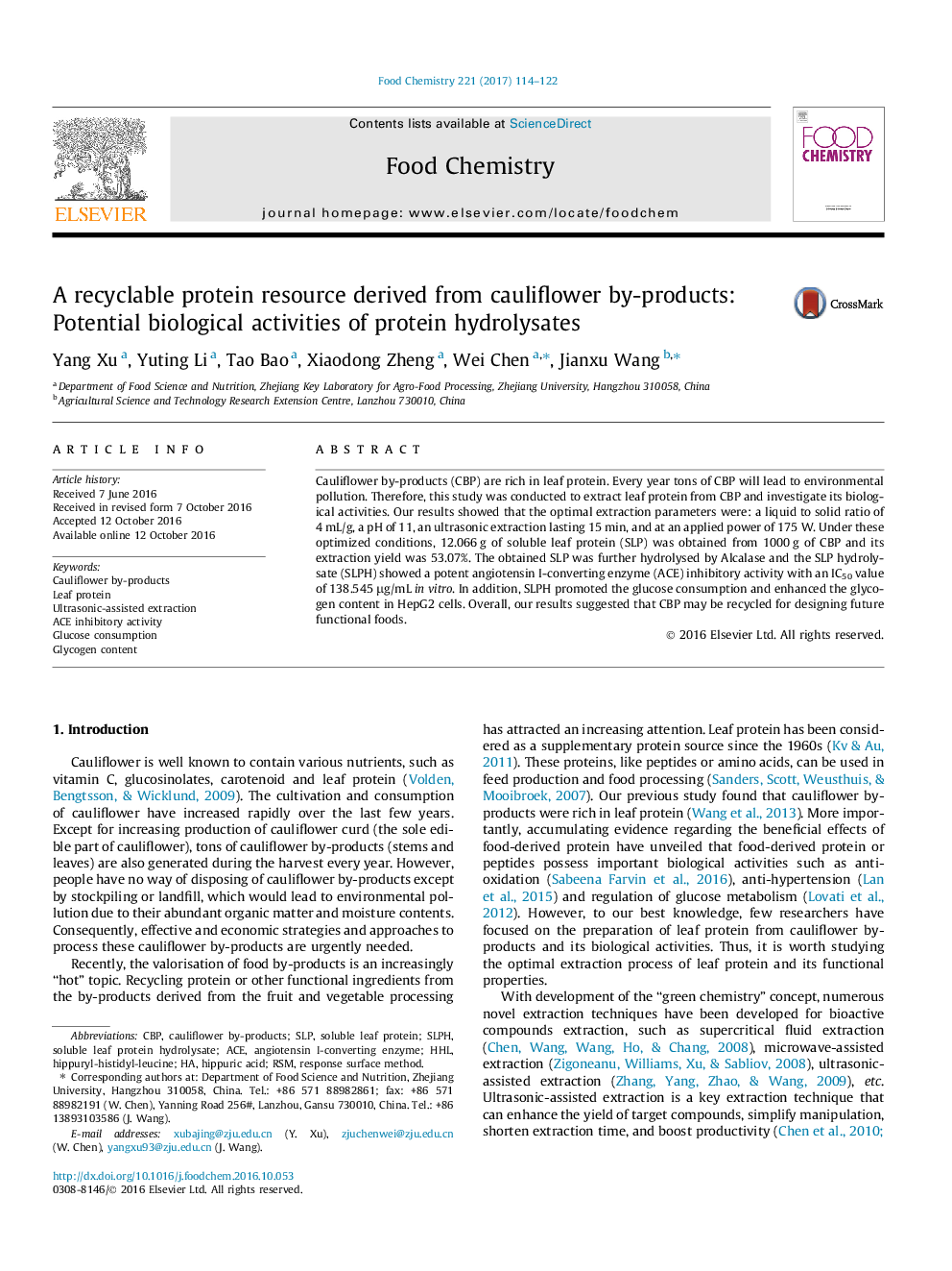 A recyclable protein resource derived from cauliflower by-products: Potential biological activities of protein hydrolysates