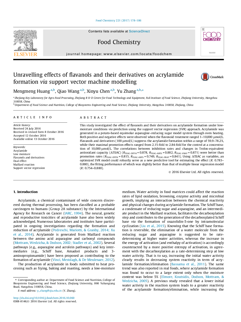 Unravelling effects of flavanols and their derivatives on acrylamide formation via support vector machine modelling