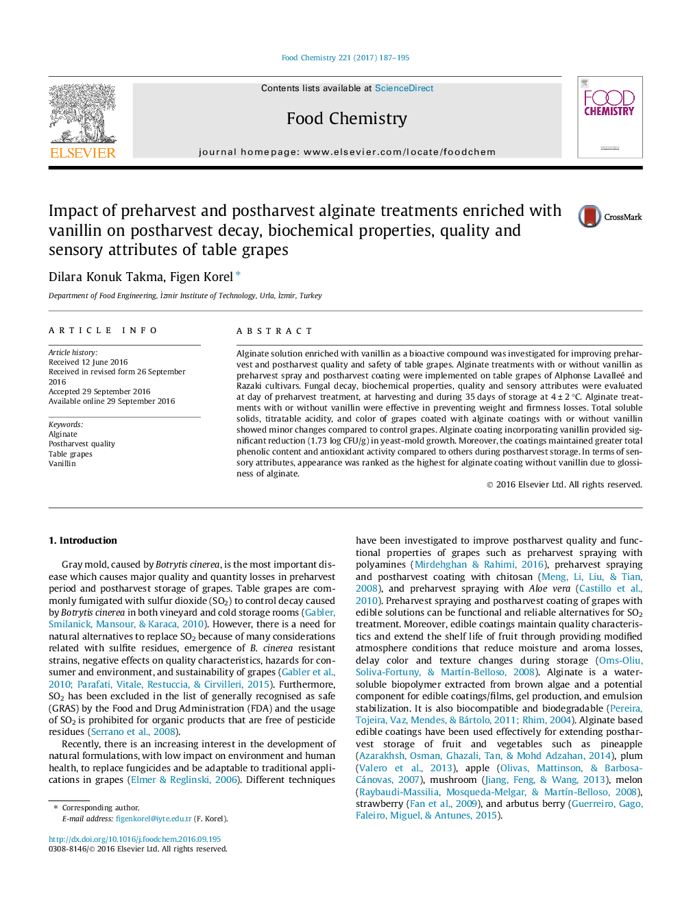 Impact of preharvest and postharvest alginate treatments enriched with vanillin on postharvest decay, biochemical properties, quality and sensory attributes of table grapes