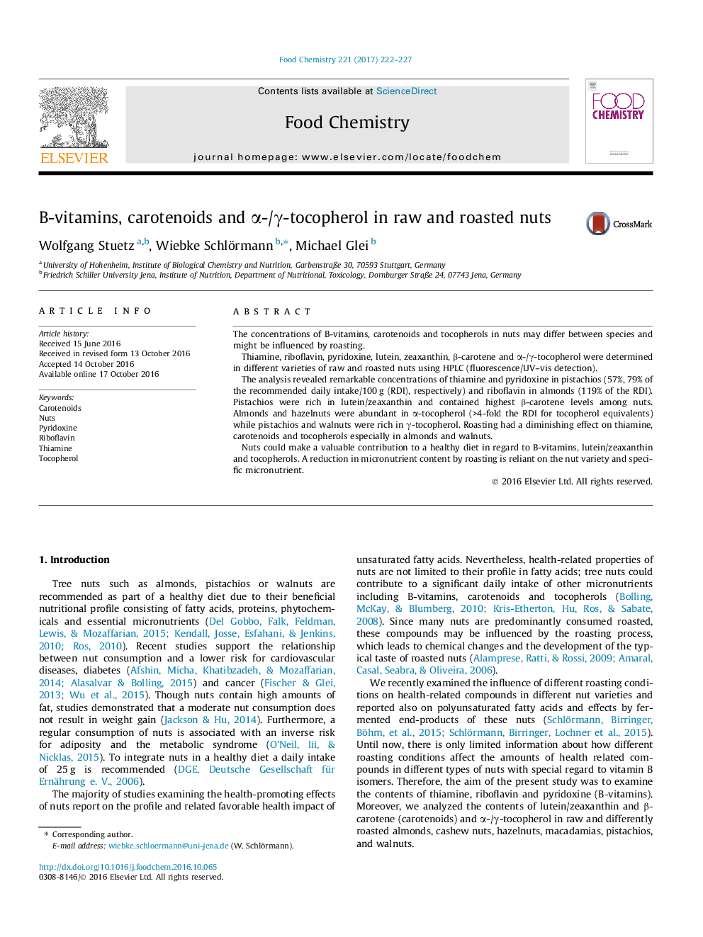 B-vitamins, carotenoids and Î±-/Î³-tocopherol in raw and roasted nuts