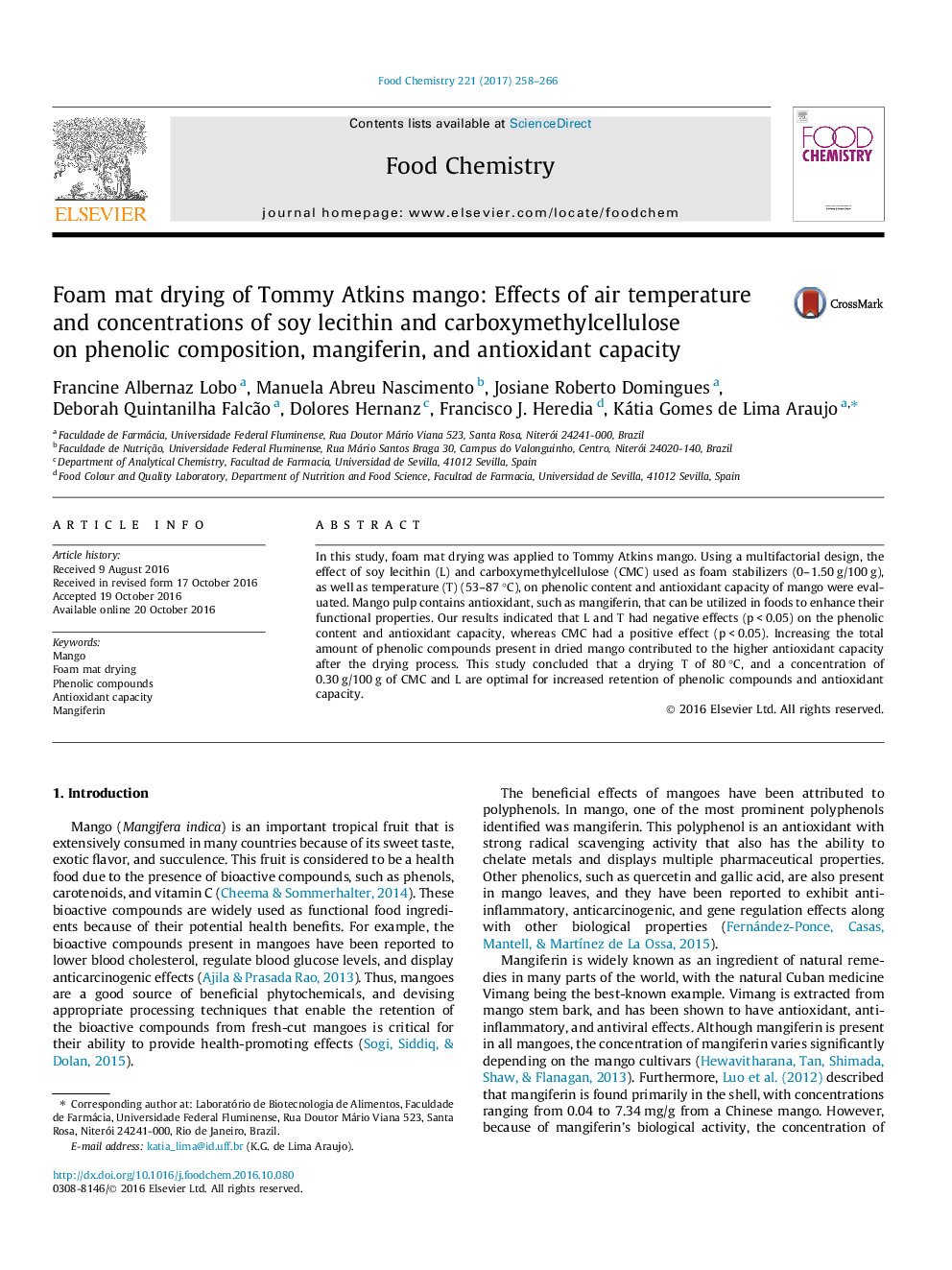 Foam mat drying of Tommy Atkins mango: Effects of air temperature and concentrations of soy lecithin and carboxymethylcellulose on phenolic composition, mangiferin, and antioxidant capacity