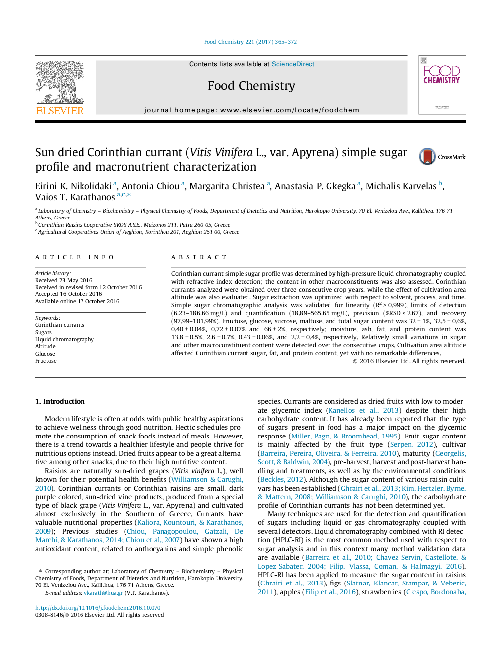 Sun dried Corinthian currant (Vitis Vinifera L., var. Apyrena) simple sugar profile and macronutrient characterization