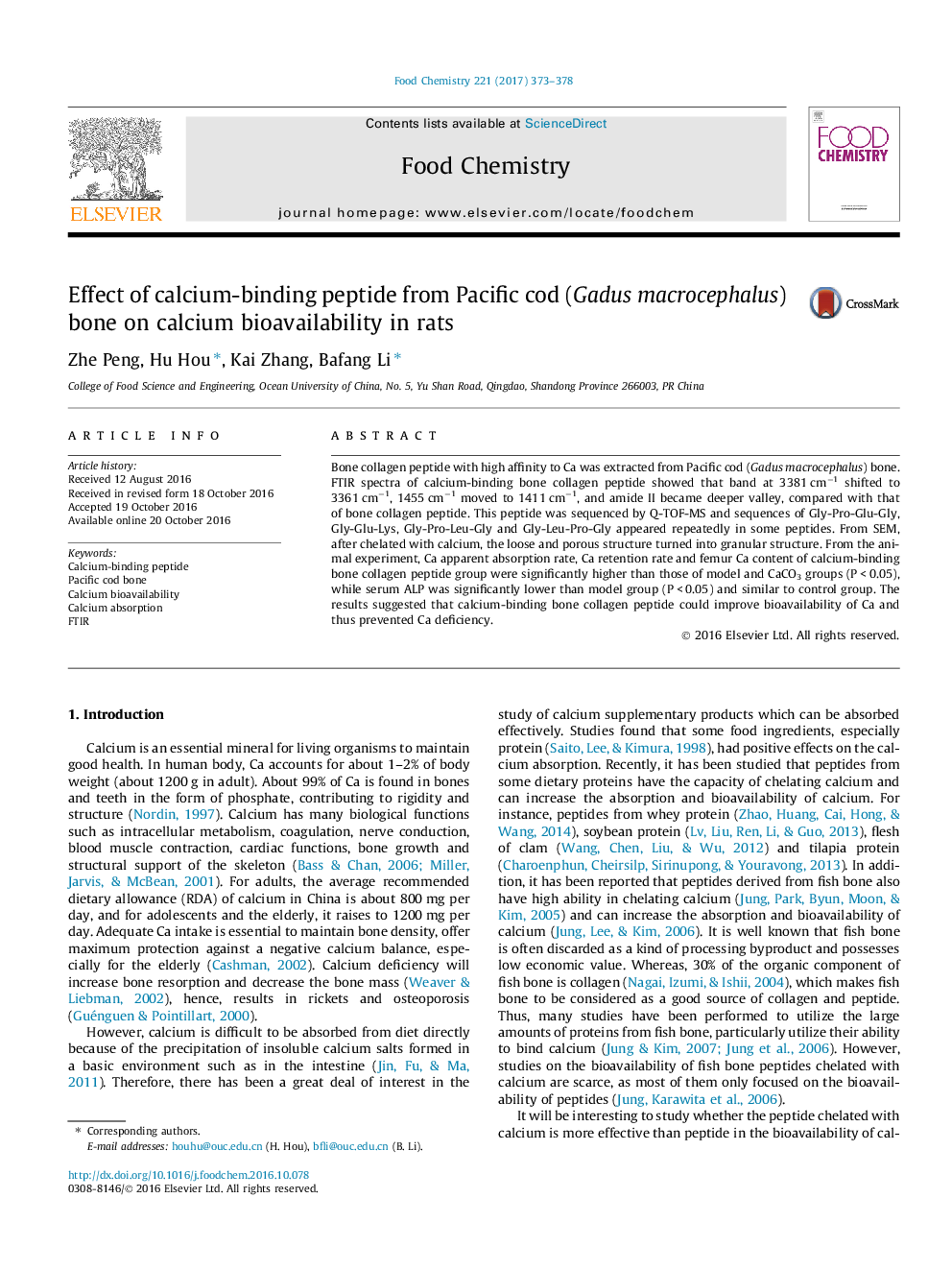 Effect of calcium-binding peptide from Pacific cod (Gadus macrocephalus) bone on calcium bioavailability in rats