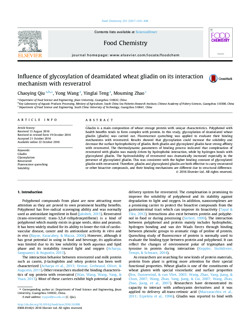 Influence of glycosylation of deamidated wheat gliadin on its interaction mechanism with resveratrol