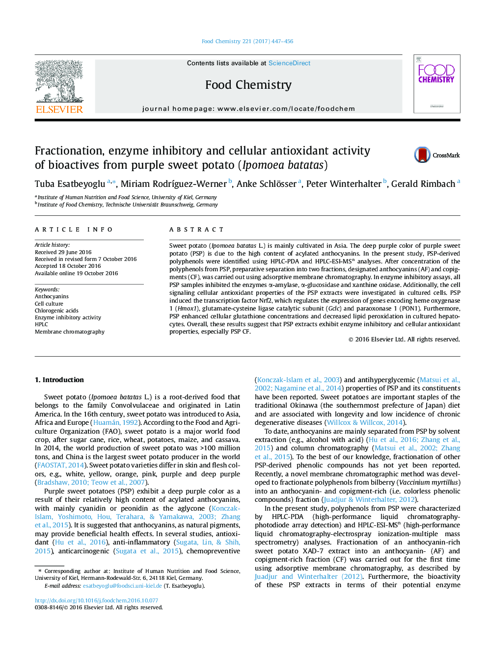 Fractionation, enzyme inhibitory and cellular antioxidant activity of bioactives from purple sweet potato (Ipomoea batatas)