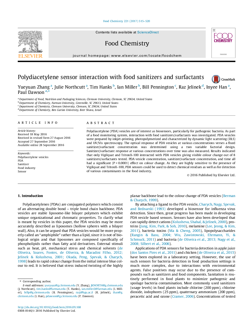 Polydiacetylene sensor interaction with food sanitizers and surfactants