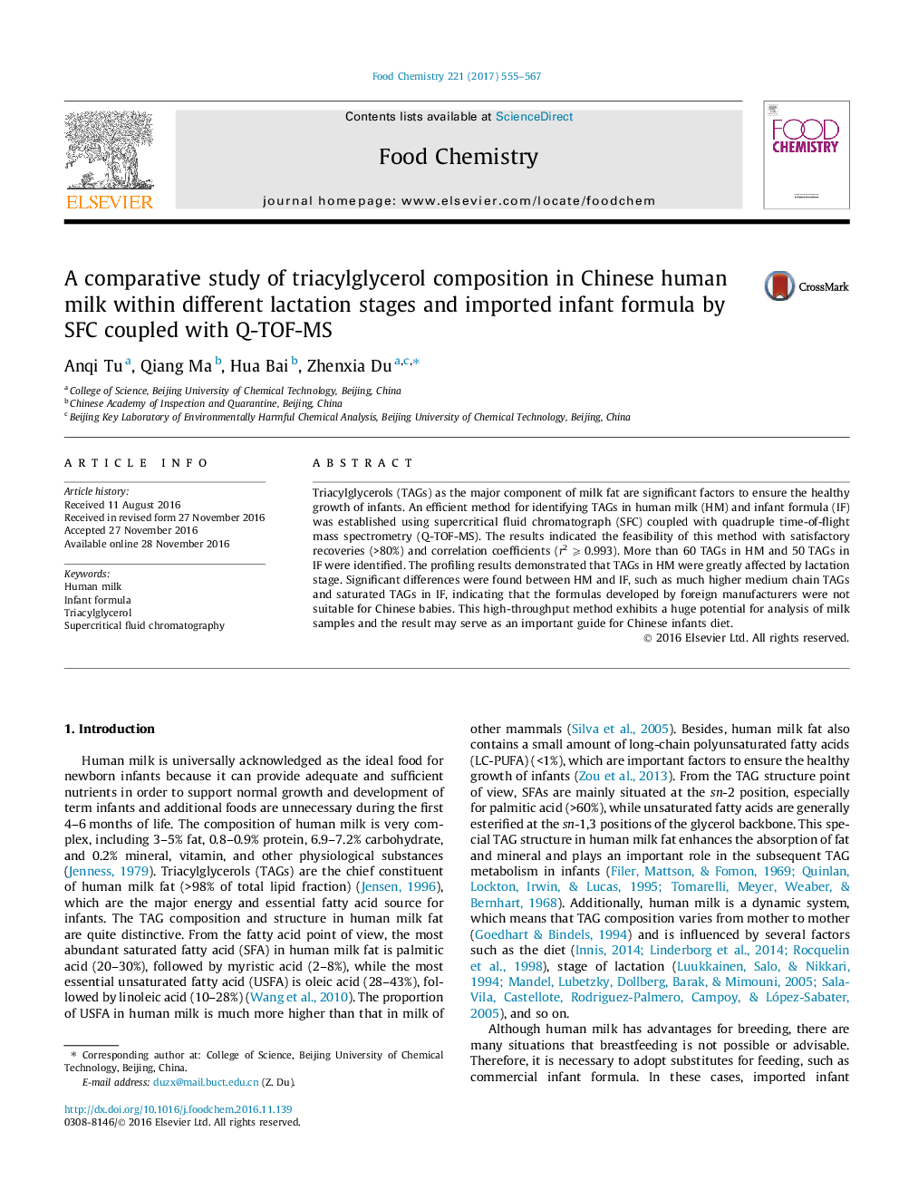 A comparative study of triacylglycerol composition in Chinese human milk within different lactation stages and imported infant formula by SFC coupled with Q-TOF-MS