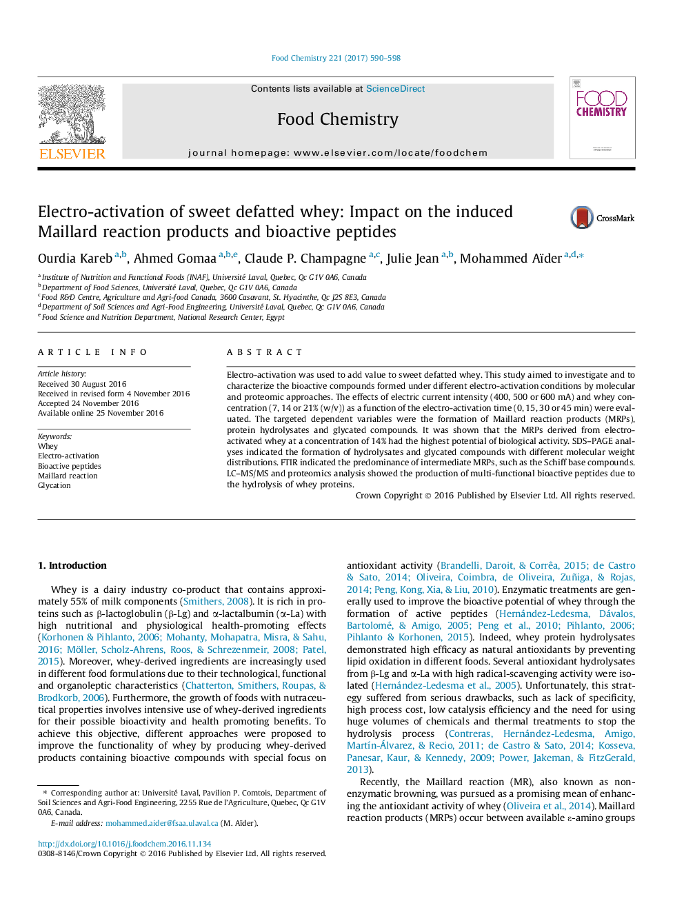 Electro-activation of sweet defatted whey: Impact on the induced Maillard reaction products and bioactive peptides