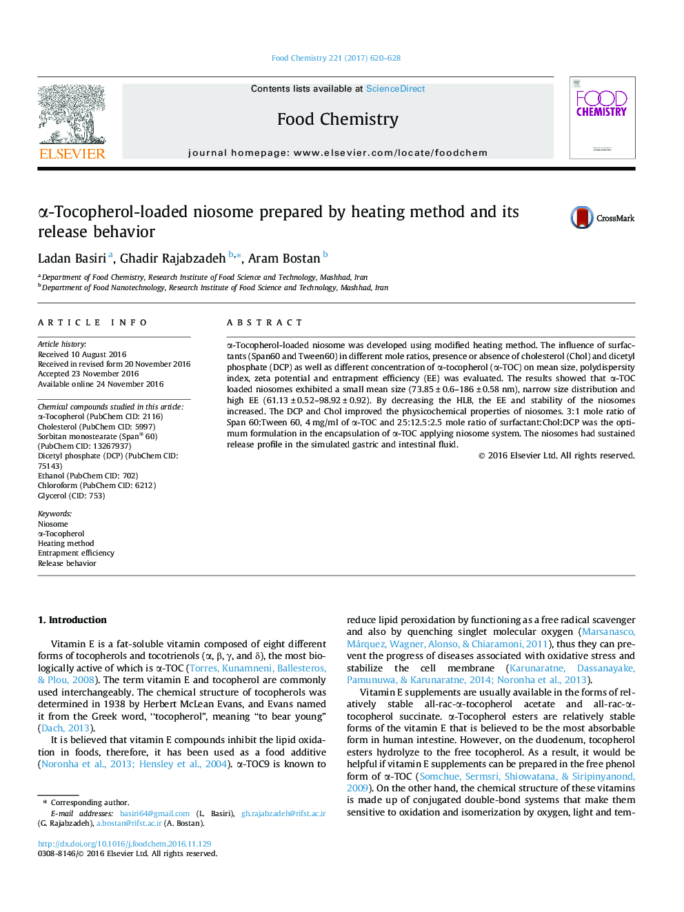 α-Tocopherol-loaded niosome prepared by heating method and its release behavior