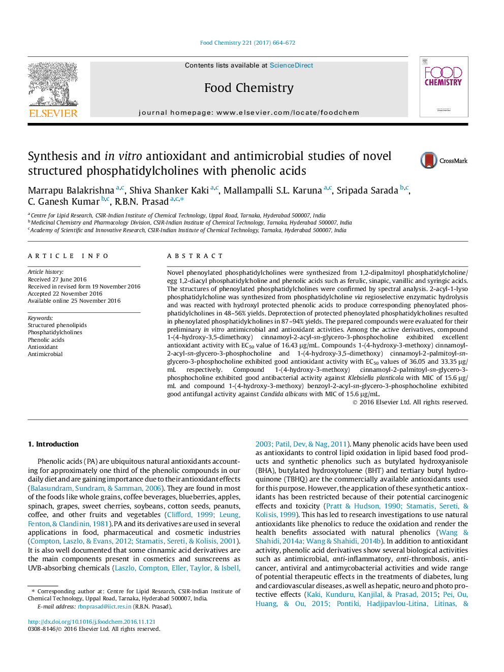 Synthesis and in vitro antioxidant and antimicrobial studies of novel structured phosphatidylcholines with phenolic acids