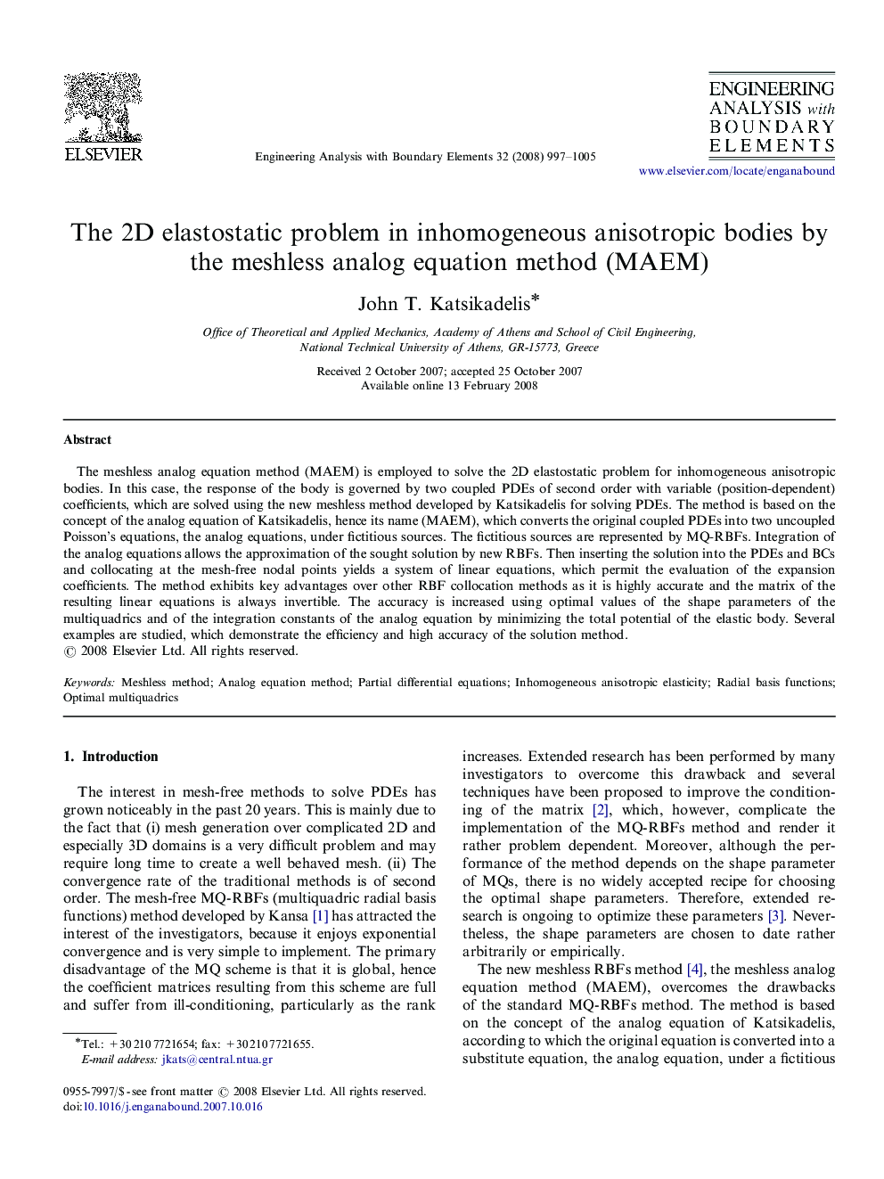 The 2D elastostatic problem in inhomogeneous anisotropic bodies by the meshless analog equation method (MAEM)