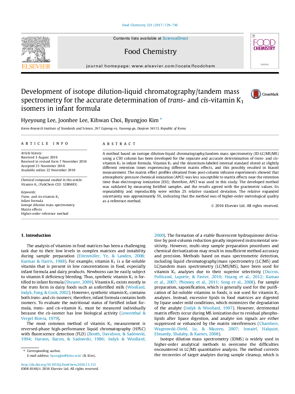 Development of isotope dilution-liquid chromatography/tandem mass spectrometry for the accurate determination of trans- and cis-vitamin K1 isomers in infant formula