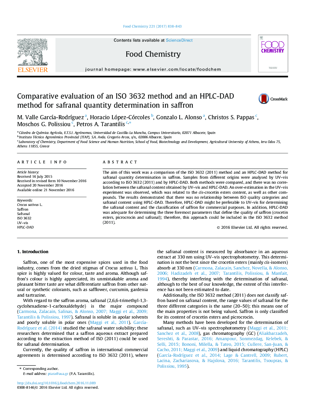 Comparative evaluation of an ISO 3632 method and an HPLC-DAD method for safranal quantity determination in saffron