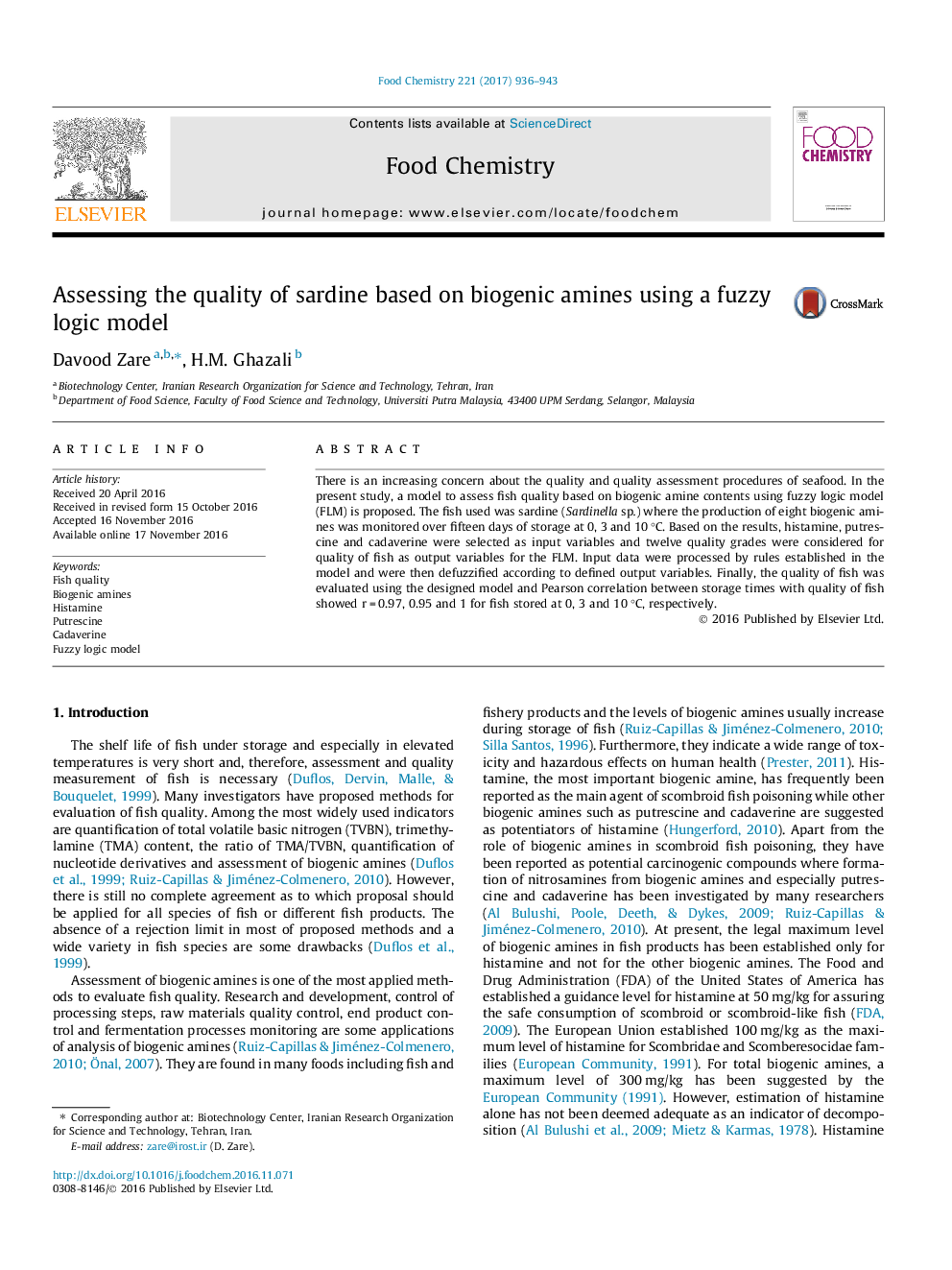 Assessing the quality of sardine based on biogenic amines using a fuzzy logic model