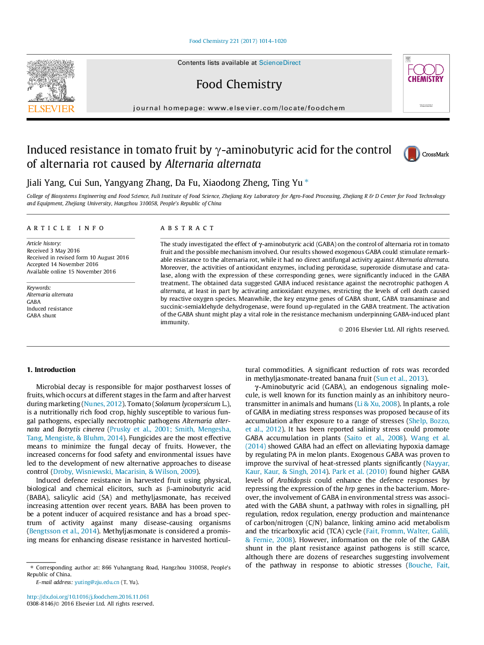 Induced resistance in tomato fruit by Î³-aminobutyric acid for the control of alternaria rot caused by Alternaria alternata