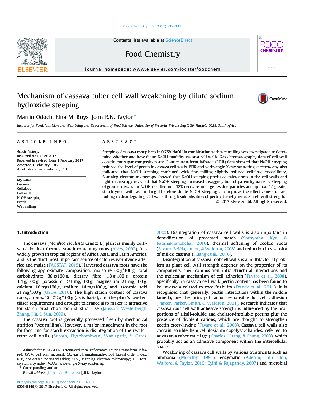 Mechanism of cassava tuber cell wall weakening by dilute sodium hydroxide steeping