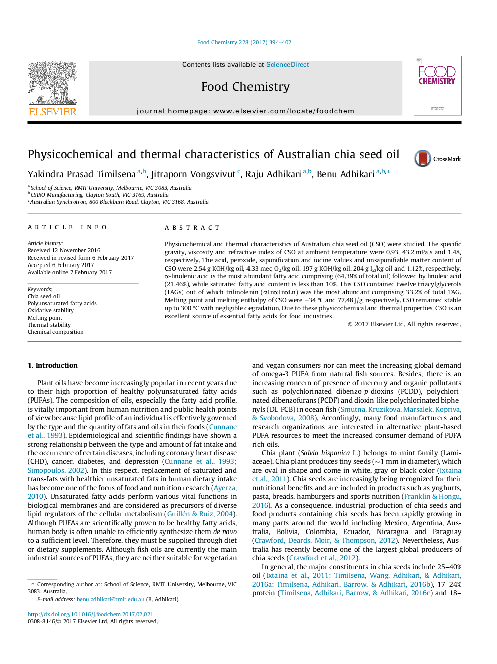 Physicochemical and thermal characteristics of Australian chia seed oil