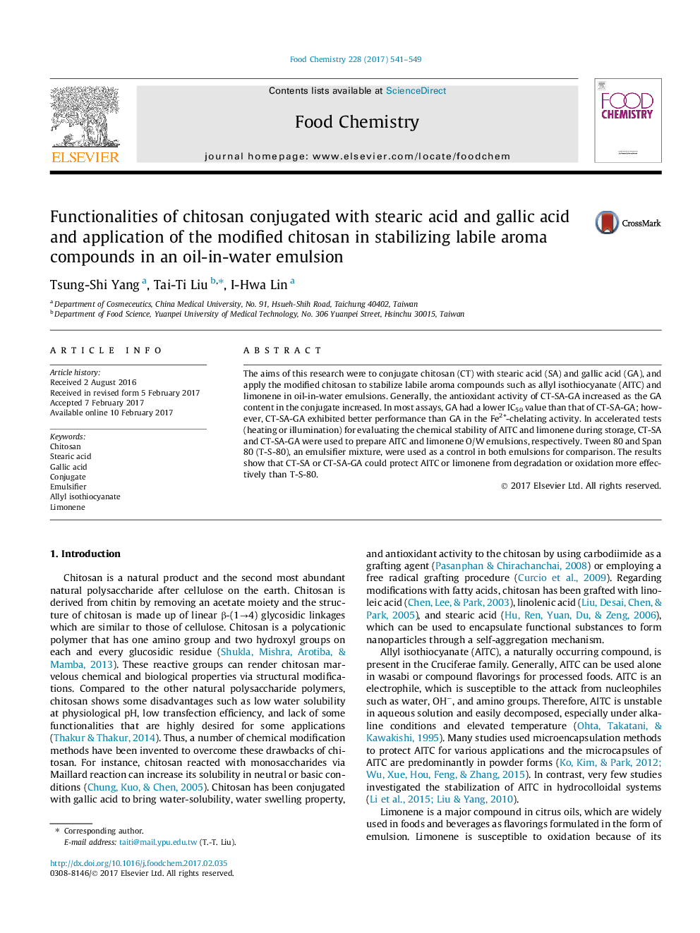 Functionalities of chitosan conjugated with stearic acid and gallic acid and application of the modified chitosan in stabilizing labile aroma compounds in an oil-in-water emulsion