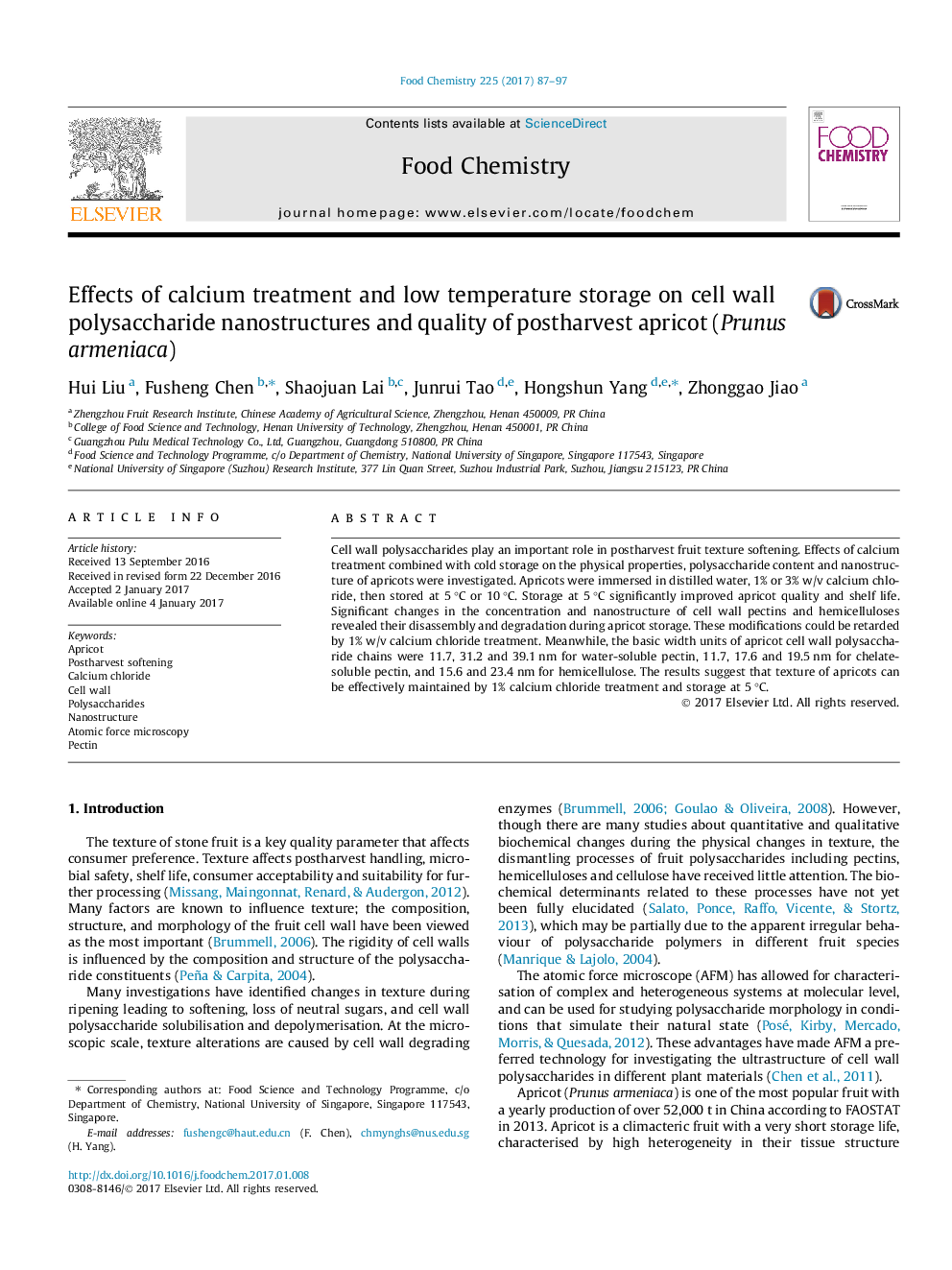 عکس صفحه اول مقاله: Effects of calcium treatment and low temperature storage on cell wall polysaccharide nanostructures and quality of postharvest apricot (Prunus armeniaca) Effects of calcium treatment and low temperature storage on cell wall polysaccharide nanostructures and quality of postharvest apricot (Prunus armeniaca)