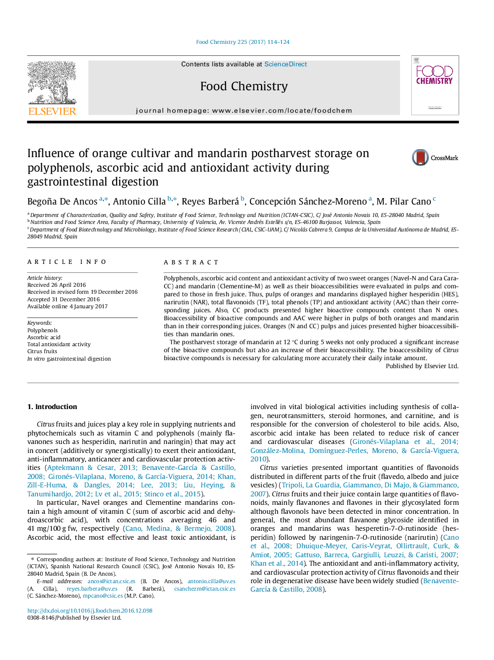 عکس صفحه اول مقاله: Influence of orange cultivar and mandarin postharvest storage on polyphenols, ascorbic acid and antioxidant activity during gastrointestinal digestion Influence of orange cultivar and mandarin postharvest storage on polyphenols, ascorbic acid and antioxidant activity during gastrointestinal digestion