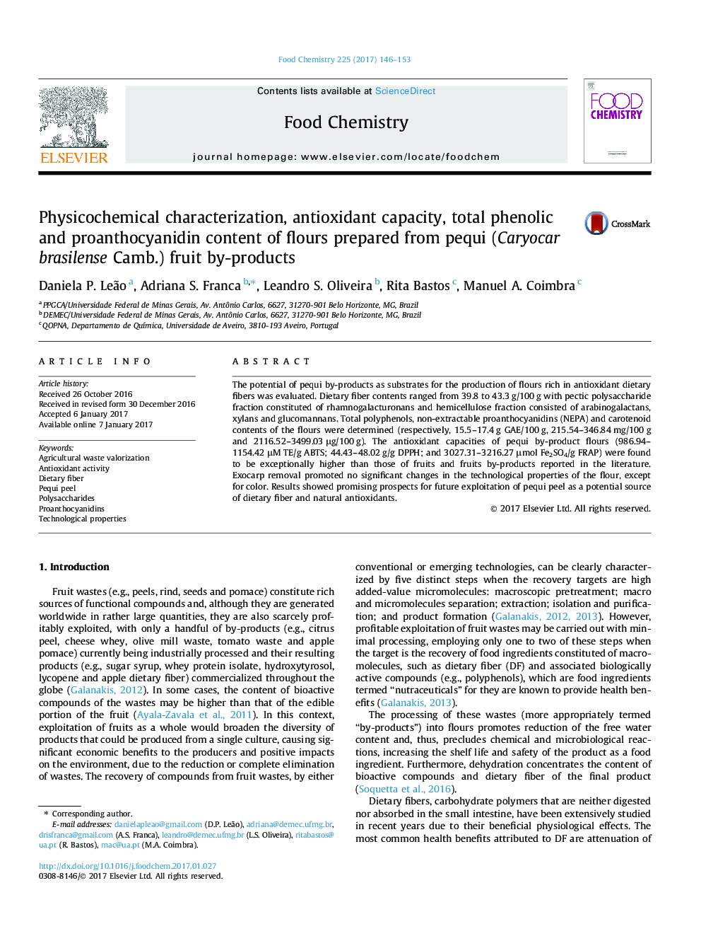 Physicochemical characterization, antioxidant capacity, total phenolic and proanthocyanidin content of flours prepared from pequi (Caryocar brasilense Camb.) fruit by-products