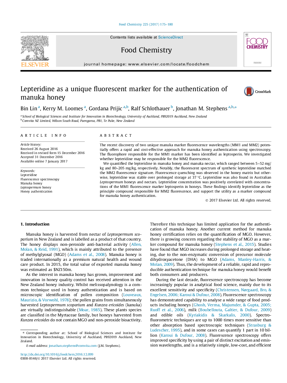 Lepteridine as a unique fluorescent marker for the authentication of manuka honey