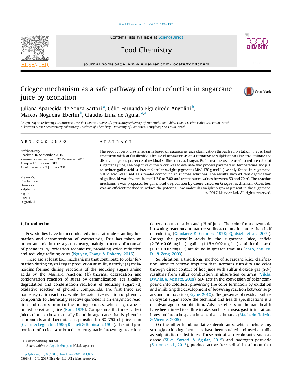 Criegee mechanism as a safe pathway of color reduction in sugarcane juice by ozonation