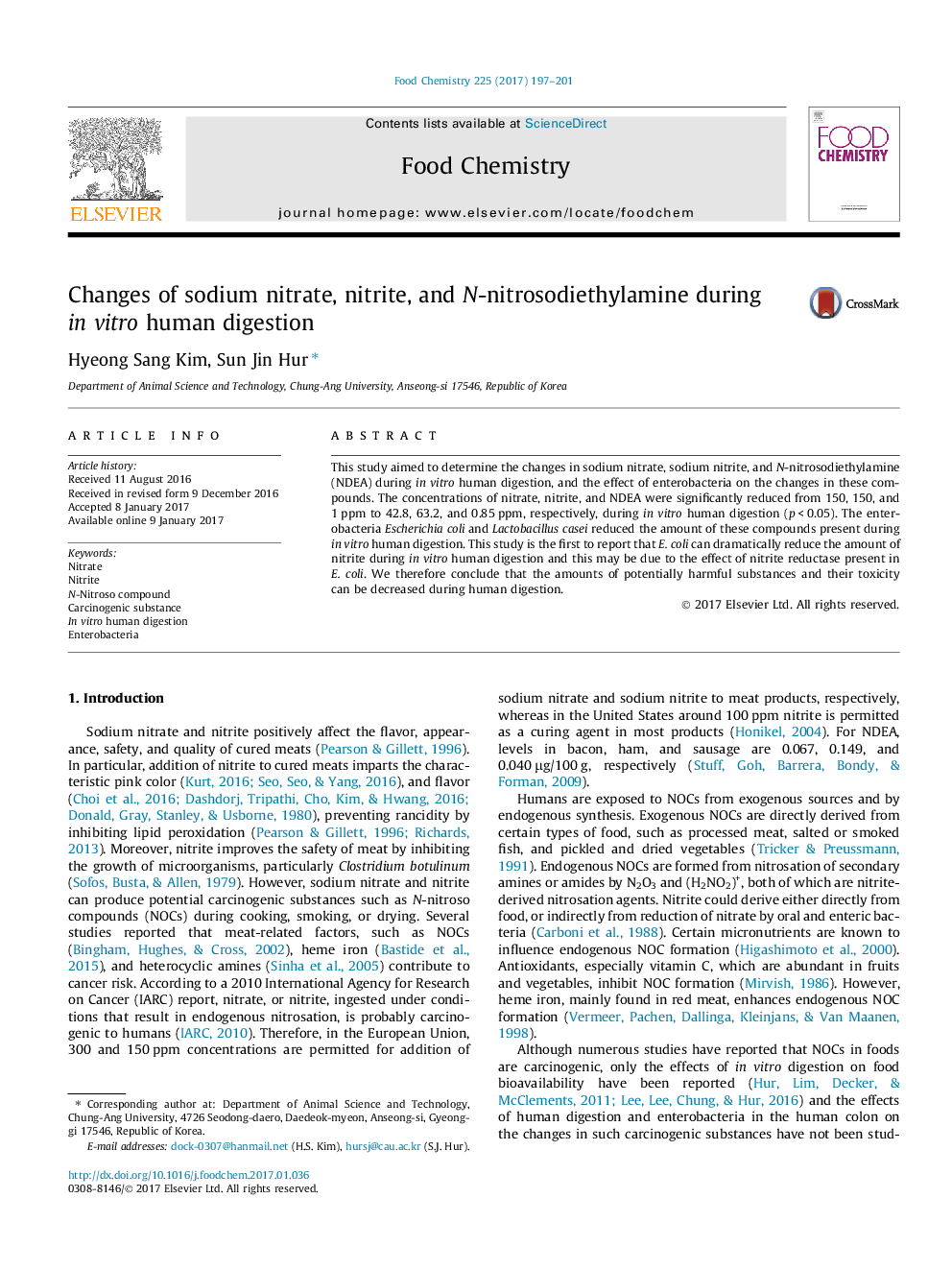 Changes of sodium nitrate, nitrite, and N-nitrosodiethylamine during in vitro human digestion