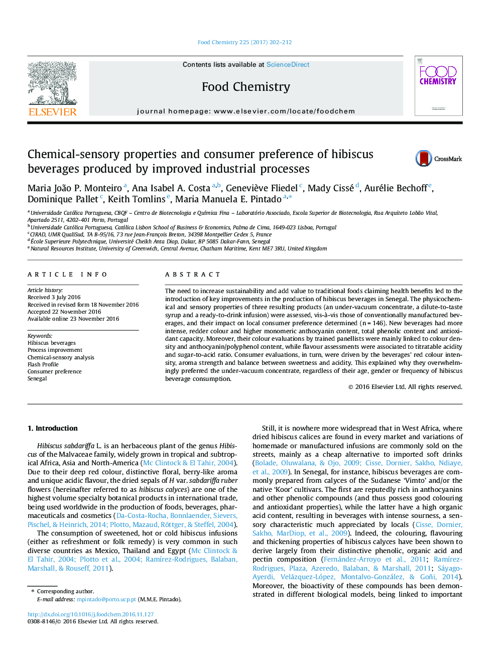 Chemical-sensory properties and consumer preference of hibiscus beverages produced by improved industrial processes