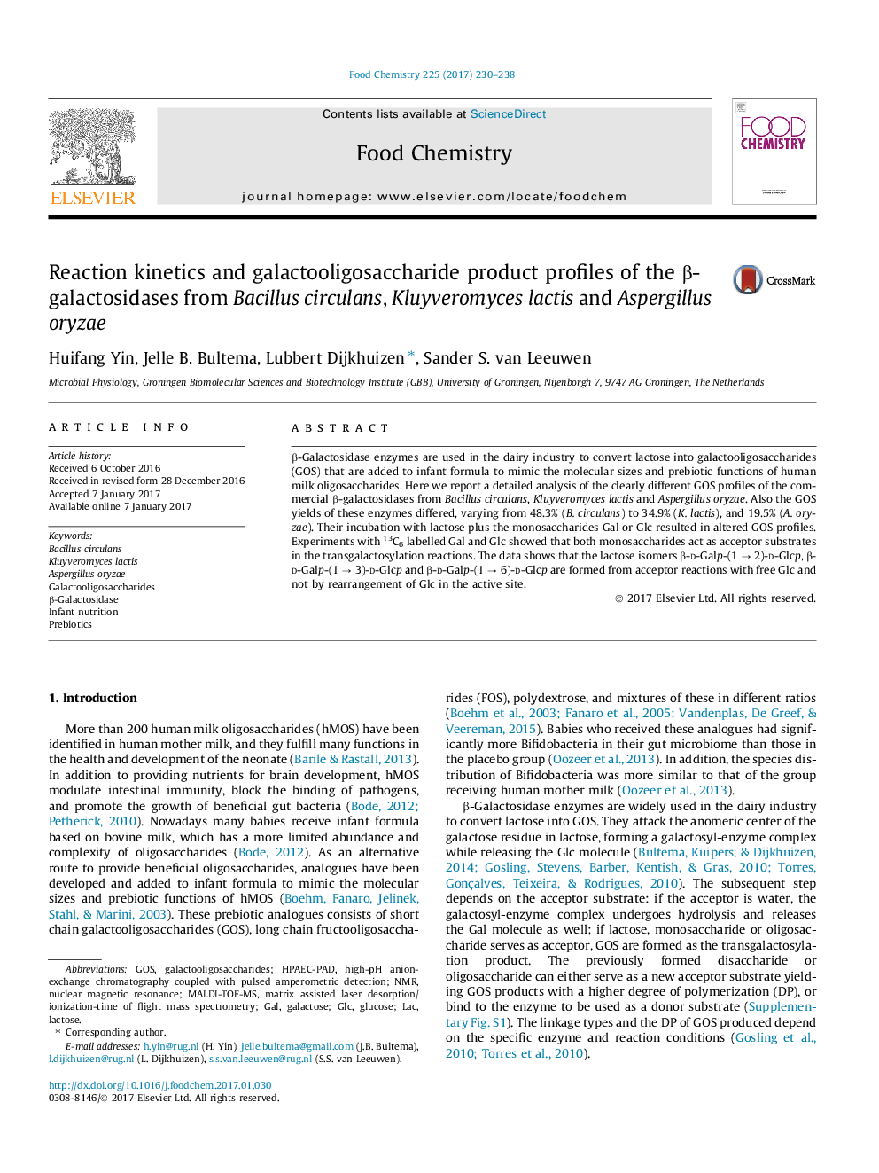 Reaction kinetics and galactooligosaccharide product profiles of the Î²-galactosidases from Bacillus circulans, Kluyveromyces lactis and Aspergillus oryzae