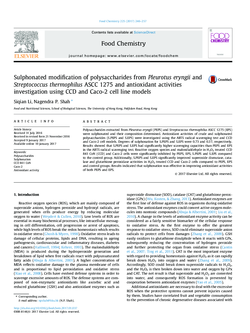 Sulphonated modification of polysaccharides from Pleurotus eryngii and Streptococcus thermophilus ASCC 1275 and antioxidant activities investigation using CCD and Caco-2 cell line models