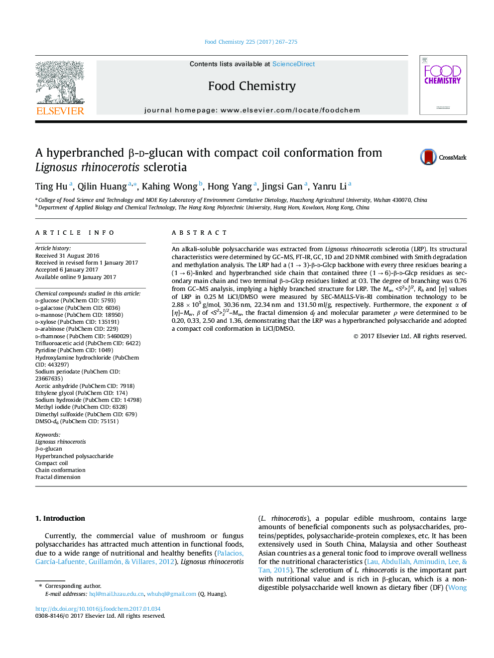 A hyperbranched Î²-d-glucan with compact coil conformation from Lignosus rhinocerotis sclerotia