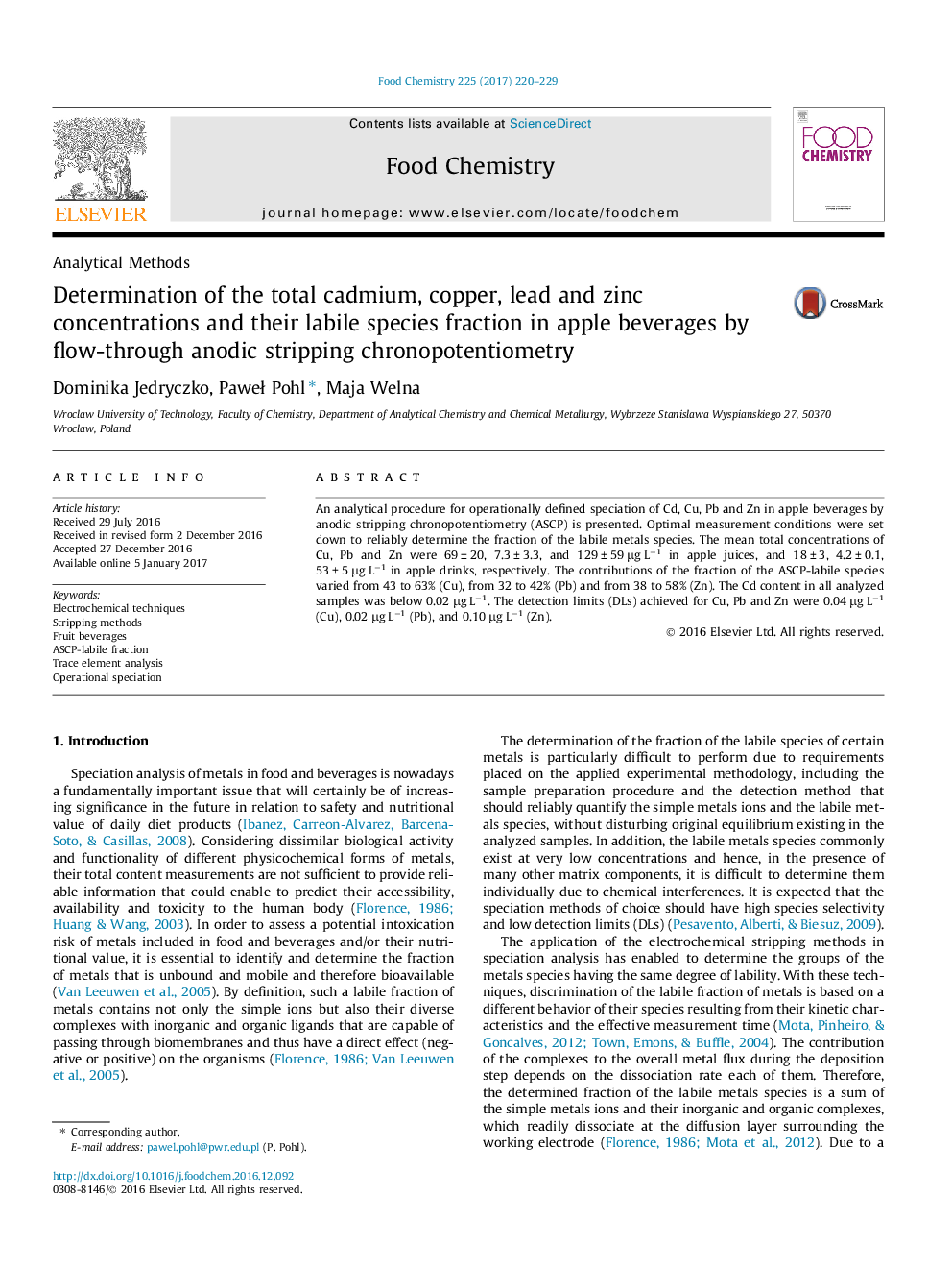 Determination of the total cadmium, copper, lead and zinc concentrations and their labile species fraction in apple beverages by flow-through anodic stripping chronopotentiometry