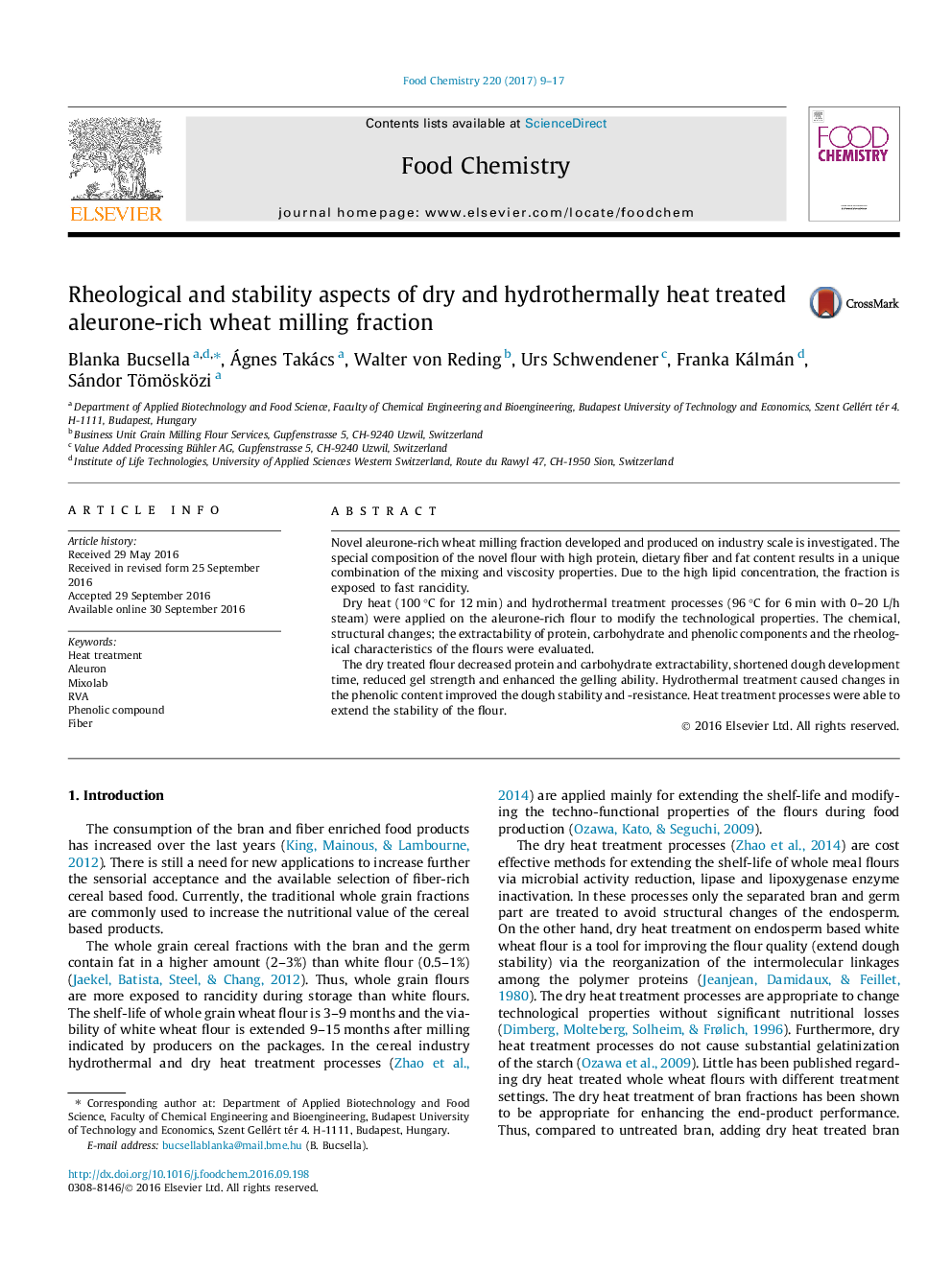 Rheological and stability aspects of dry and hydrothermally heat treated aleurone-rich wheat milling fraction