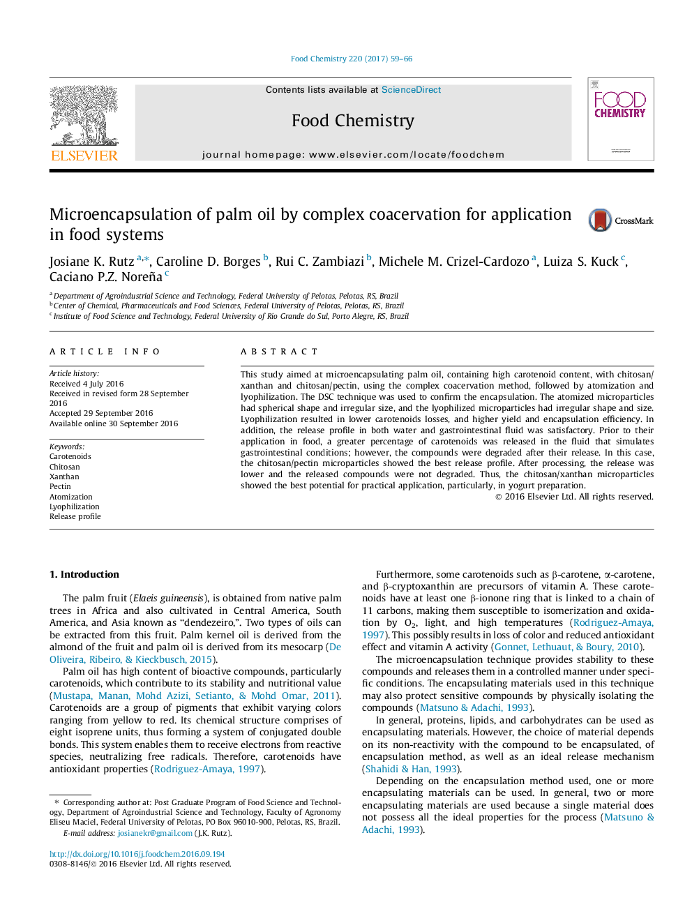 Microencapsulation of palm oil by complex coacervation for application in food systems