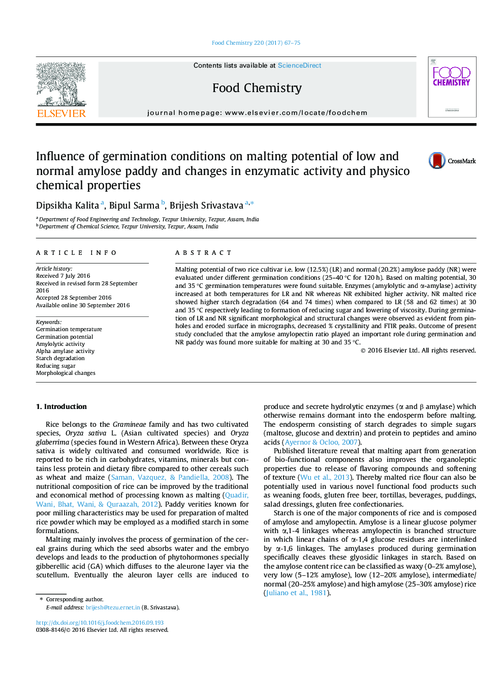 Influence of germination conditions on malting potential of low and normal amylose paddy and changes in enzymatic activity and physico chemical properties