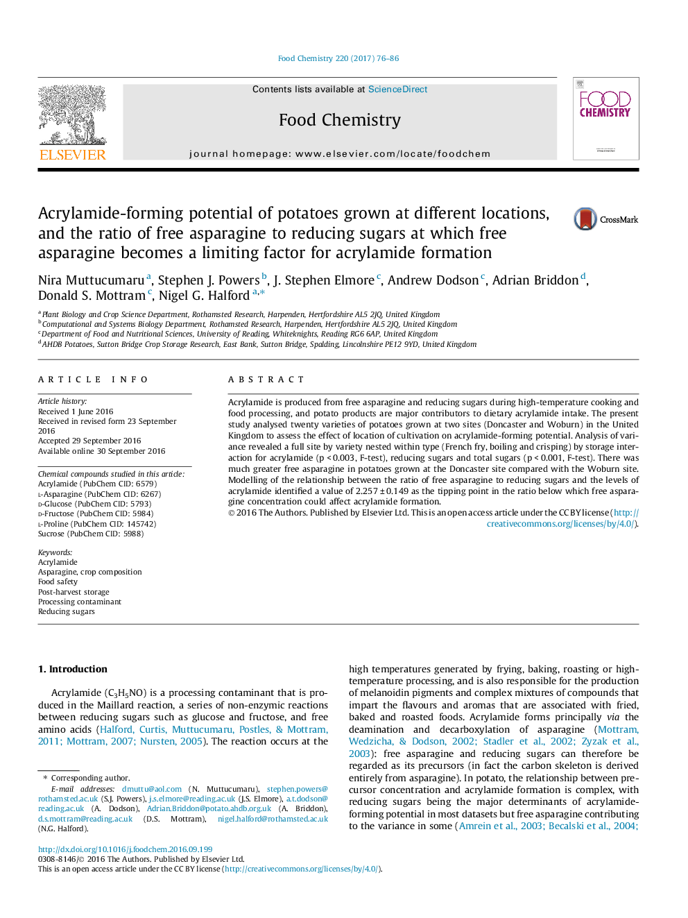 Acrylamide-forming potential of potatoes grown at different locations, and the ratio of free asparagine to reducing sugars at which free asparagine becomes a limiting factor for acrylamide formation