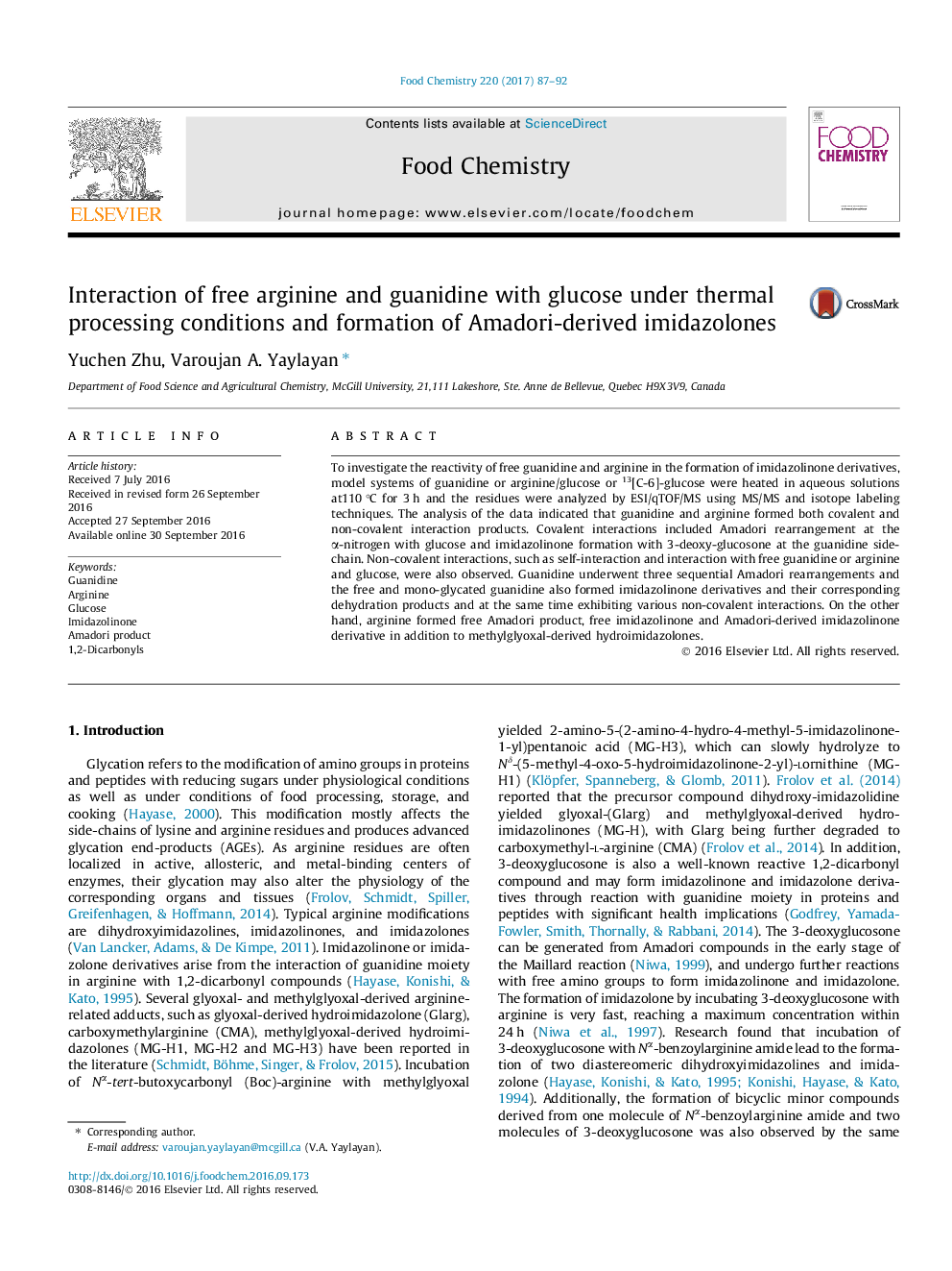 Interaction of free arginine and guanidine with glucose under thermal processing conditions and formation of Amadori-derived imidazolones