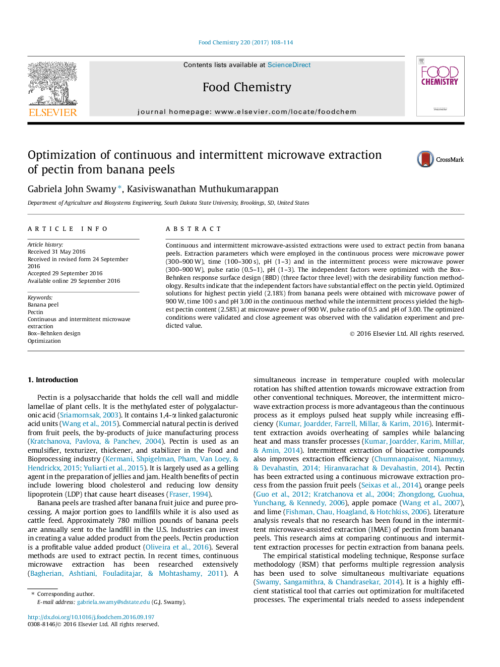 Optimization of continuous and intermittent microwave extraction of pectin from banana peels