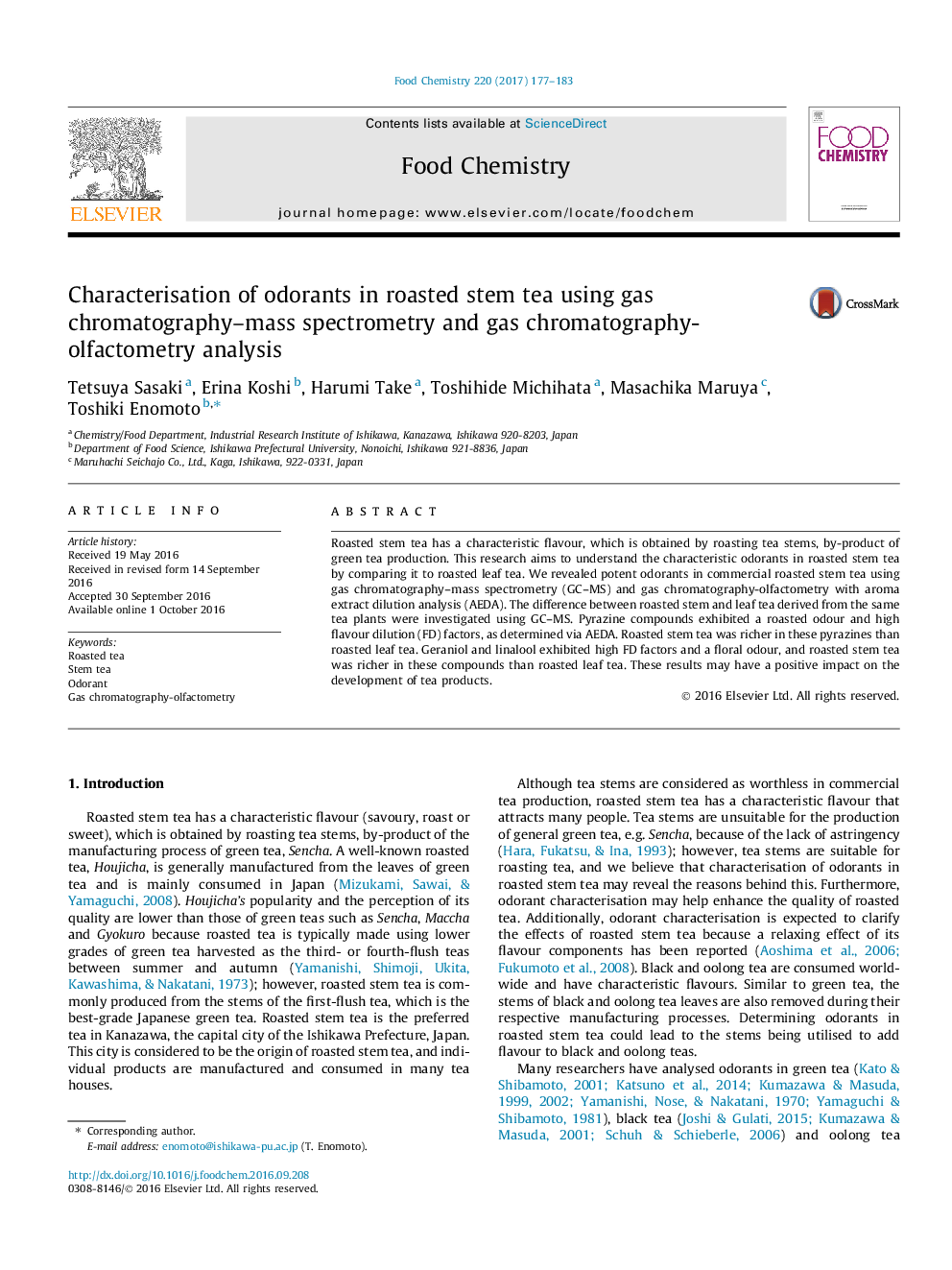 Characterisation of odorants in roasted stem tea using gas chromatography-mass spectrometry and gas chromatography-olfactometry analysis