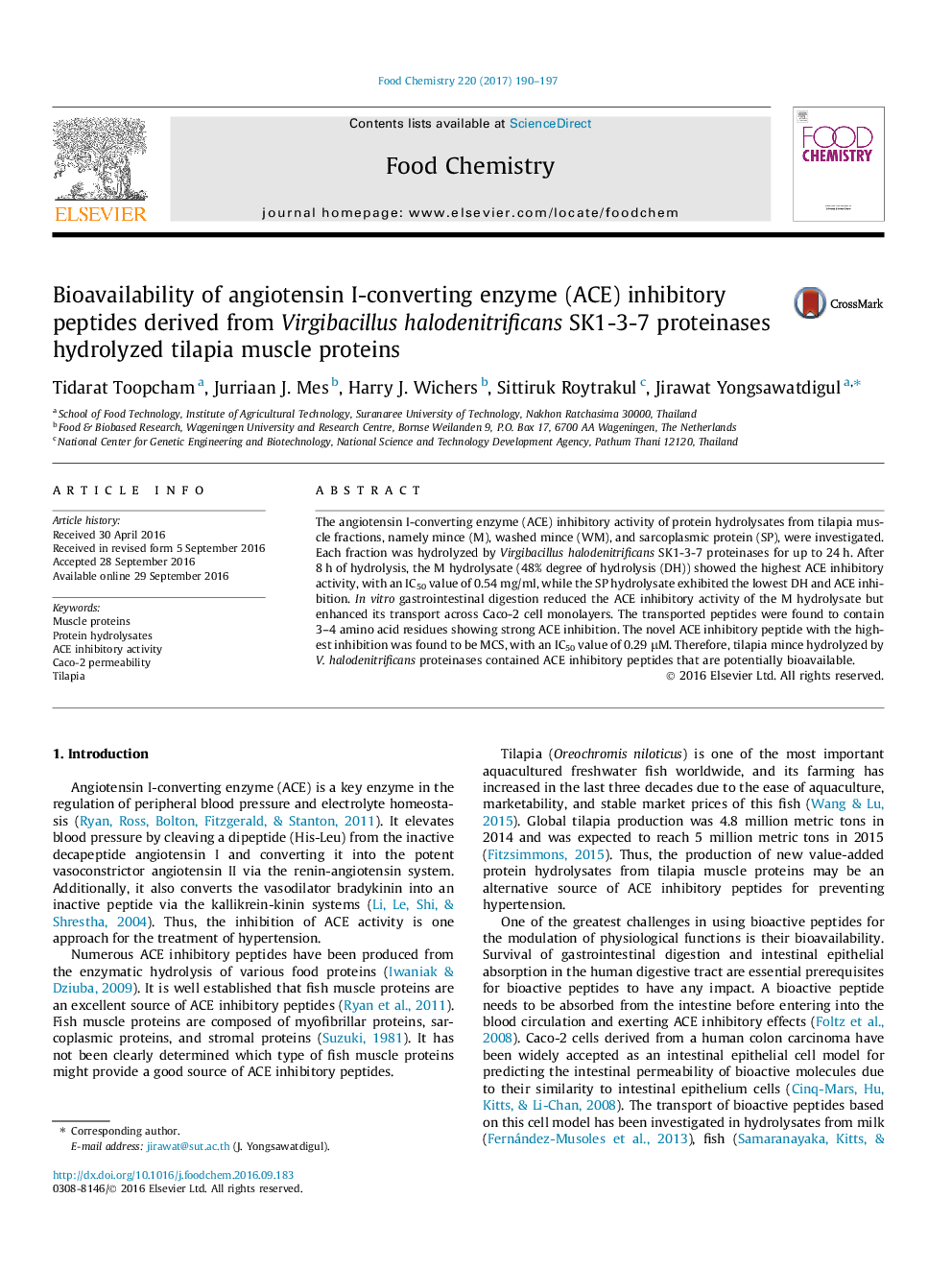 Bioavailability of angiotensin I-converting enzyme (ACE) inhibitory peptides derived from Virgibacillus halodenitrificans SK1-3-7 proteinases hydrolyzed tilapia muscle proteins