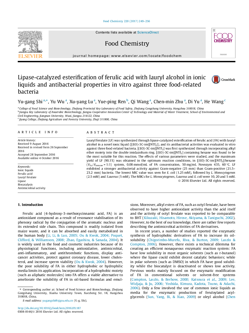 Lipase-catalyzed esterification of ferulic acid with lauryl alcohol in ionic liquids and antibacterial properties in vitro against three food-related bacteria