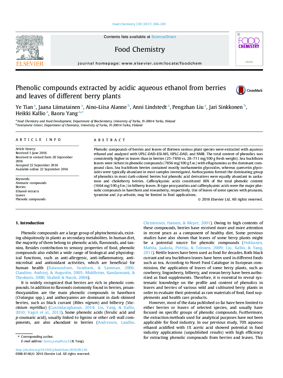 Phenolic compounds extracted by acidic aqueous ethanol from berries and leaves of different berry plants