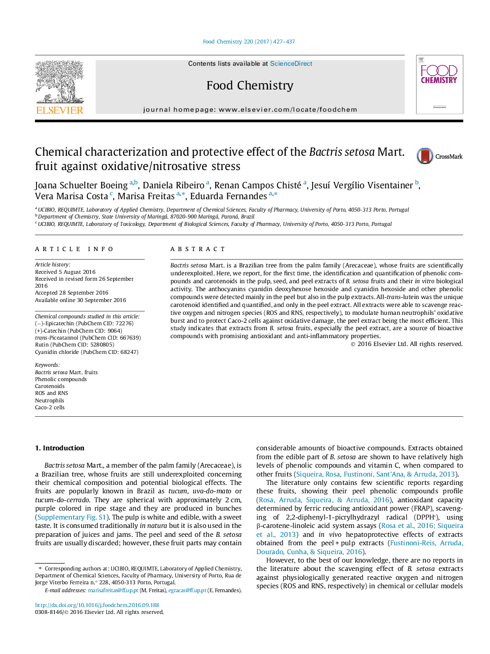 Chemical characterization and protective effect of the Bactris setosa Mart. fruit against oxidative/nitrosative stress