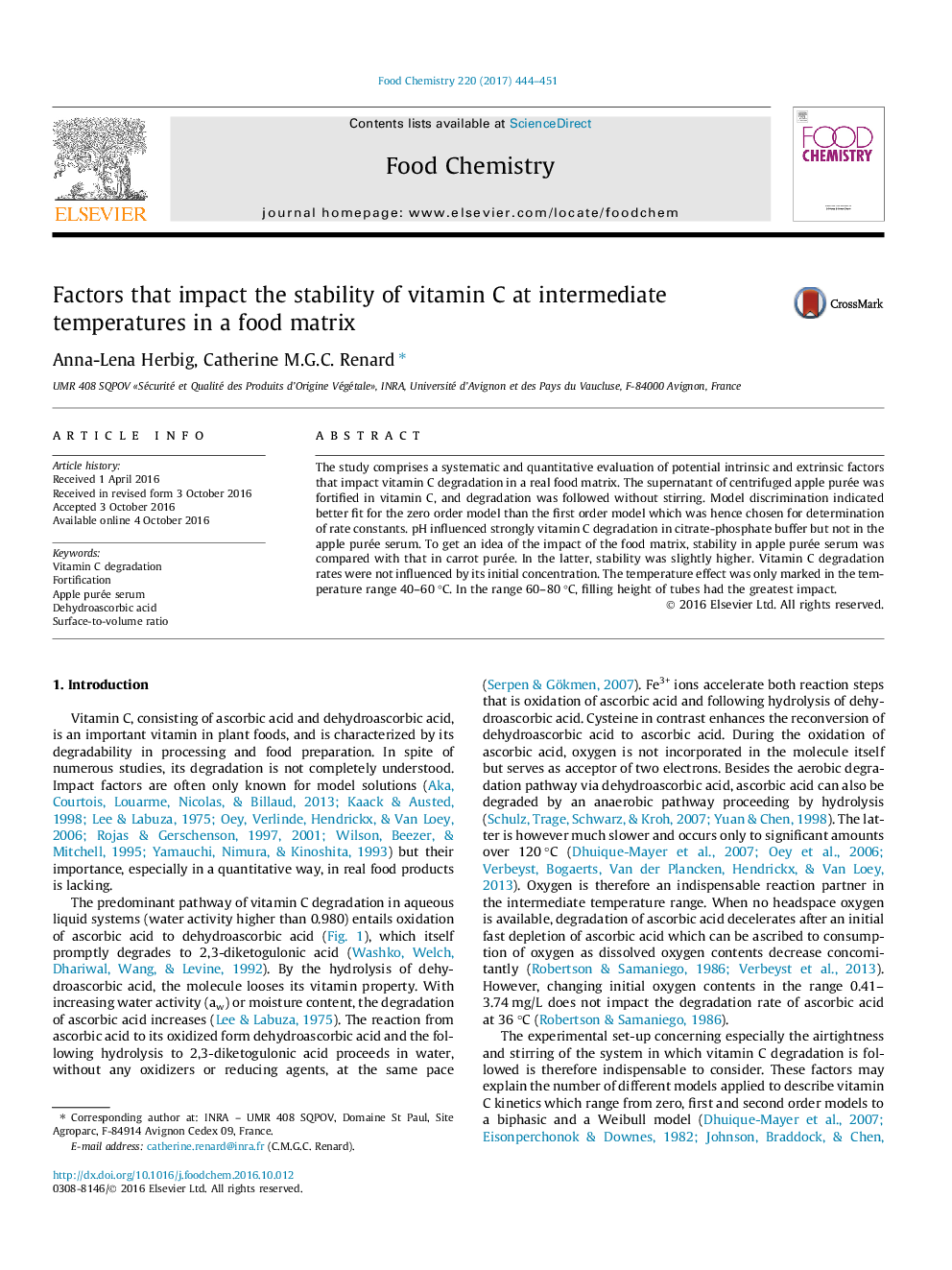 Factors that impact the stability of vitamin C at intermediate temperatures in a food matrix