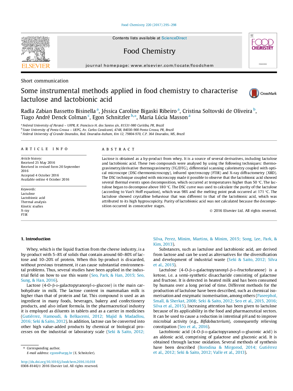 Some instrumental methods applied in food chemistry to characterise lactulose and lactobionic acid