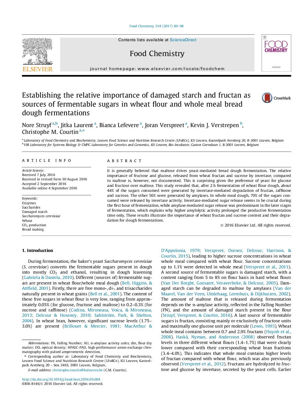 Establishing the relative importance of damaged starch and fructan as sources of fermentable sugars in wheat flour and whole meal bread dough fermentations