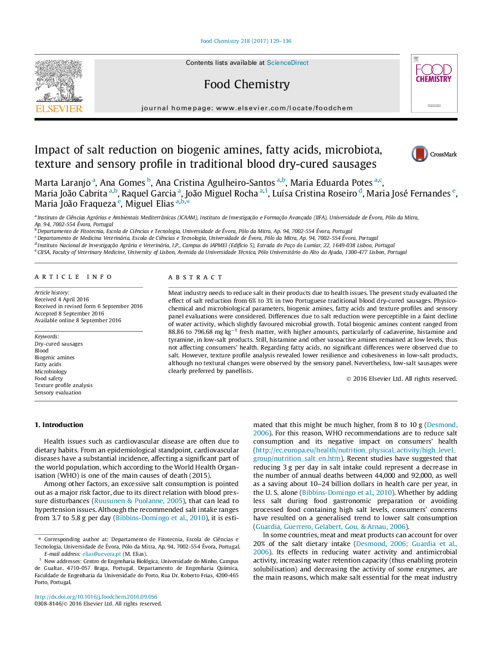 Impact of salt reduction on biogenic amines, fatty acids, microbiota, texture and sensory profile in traditional blood dry-cured sausages