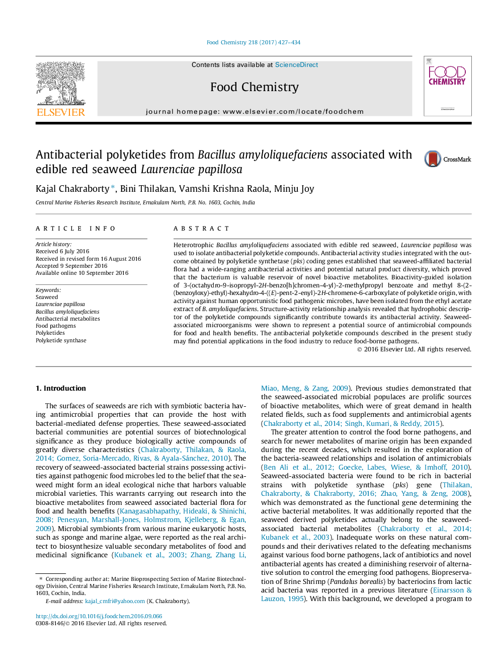 Antibacterial polyketides from Bacillus amyloliquefaciens associated with edible red seaweed Laurenciae papillosa