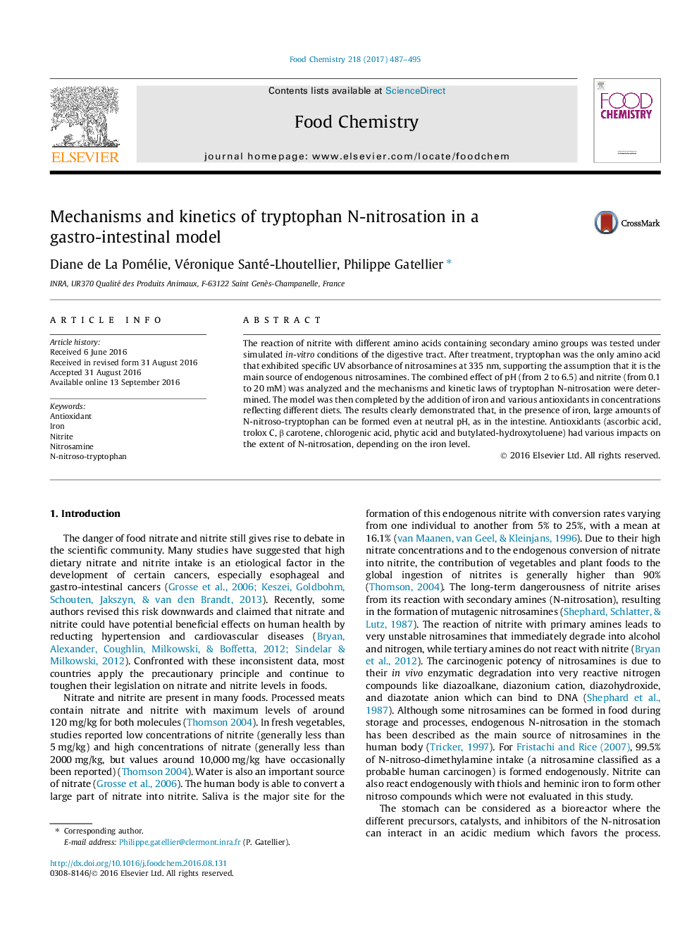 Mechanisms and kinetics of tryptophan N-nitrosation in a gastro-intestinal model